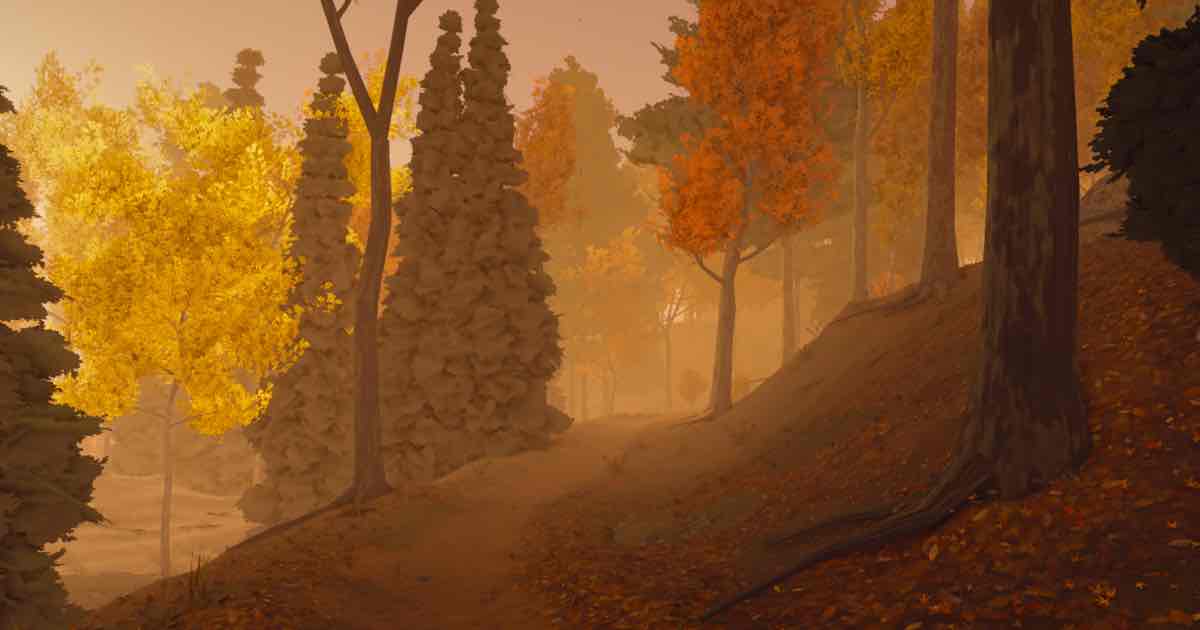 Screenshot of Autumn Forest: Nature simulator! Walk an endless 3D autumn trail in your browser. Change sun and weather, hear nature sounds. Relax, be calm. Walk without walking. Best walking sim.