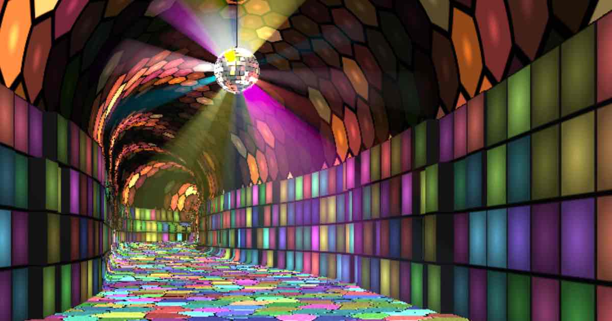 Screenshot of Discotheque: Fly an endless mirrorball corridor of strobe beams, hex ceilings, and Voronoi dance floors. Tap the BPM, drive the light rig, export 4K stills and clips.