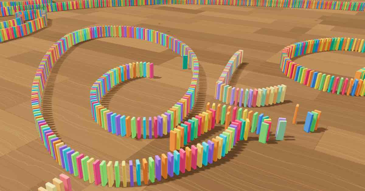 Screenshot of Domino Rally: Domino run builder with real 3D physics. Draw tracks, add bridges, branches and curves, turn photos into domino mosaics, then watch the whole chain reaction topple.