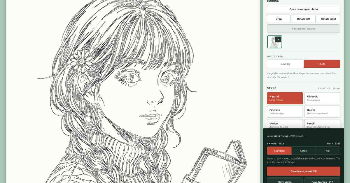 Screenshot of Drawing Animator: Add a hand-drawn line boil to any sketch, or trace a photo into line art. Recolor the ink and export a transparent GIF, a video, or a PNG frame set.