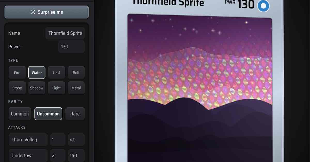 Screenshot of Foil Press: Turn any photo into a holographic trading card. Ten real foil effects that tilt and catch light, then export a 4K PNG, an MP4, or a GIF. Not quite Pokemon!