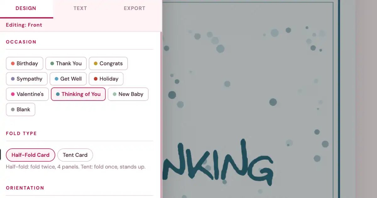 Screenshot of GreetingCrafter: Greeting card maker with fold-and-print templates, occasion presets, and custom fonts — Hallmark alternative for handmade cards.