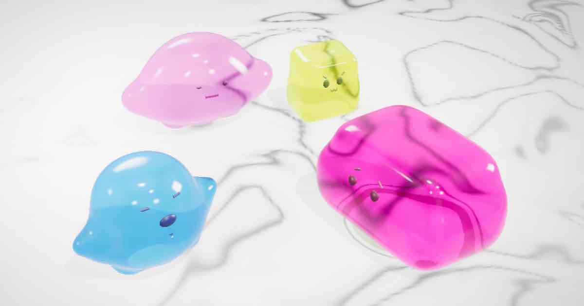 Screenshot of Gummy Buddy: Squishy soft-body jelly buddy with a face: stretch, throw, walk and hop it, pick a flavor and size, add friends that stick and bounce, then 3D print the pose.