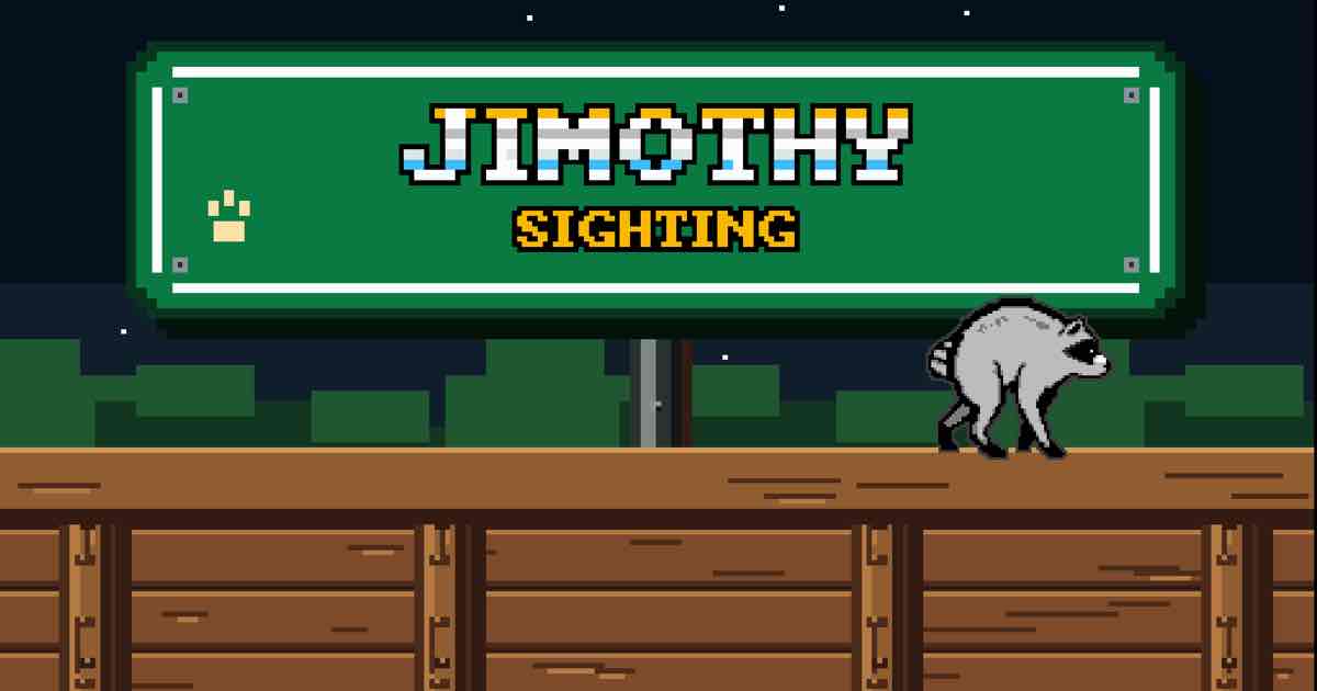 Screenshot of Jimothy Sighting: You spotted Jimothy! Now get him home. A free 8-bit NES-style game starring Seattle's viral short-spined raccoon: climb the fence, cross it, trash the big bad boss.