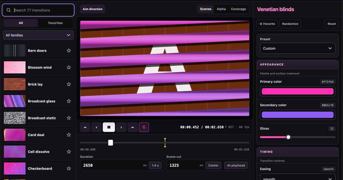 Screenshot of Stinger Transitions: Make an OBS stinger transition in your browser. 77 editable animations, transparent WebM or green screen, and the exact scene-cut time. Free, no account.