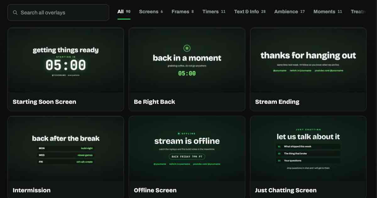 Screenshot of Stream Overlays: Build OBS overlays free: 90 widgets and 15 scene templates — countdowns, webcam frames, PNGTuber, lower thirds. A no-account alternative to StreamElements.