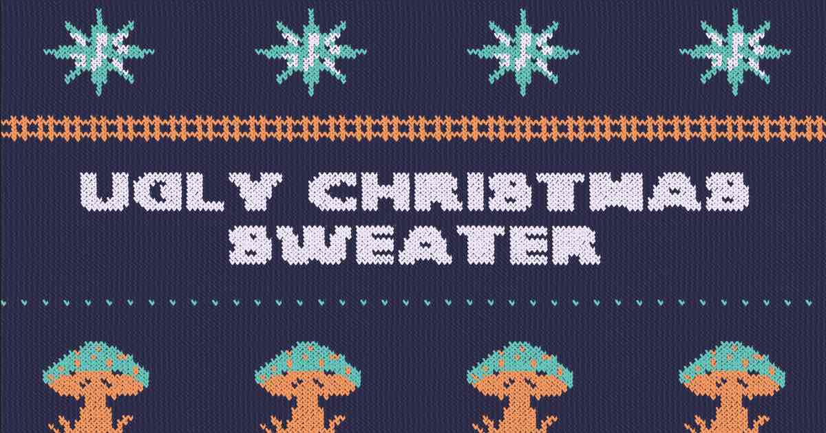 Screenshot of Ugly Sweater: Create seeded ugly Christmas sweater patterns from 134 legible motifs. Add a motif, words, or your photo; capture a still, video or GIF, or print the knitting chart.