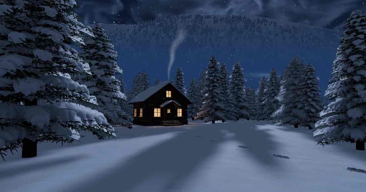 Screenshot of Winter Wonderland: Walkable / flyable winter simulator: a moonlit alpine valley of snowy forest, lantern-lit cabins, and a frozen lake, generated live from a seed. Export your journey.